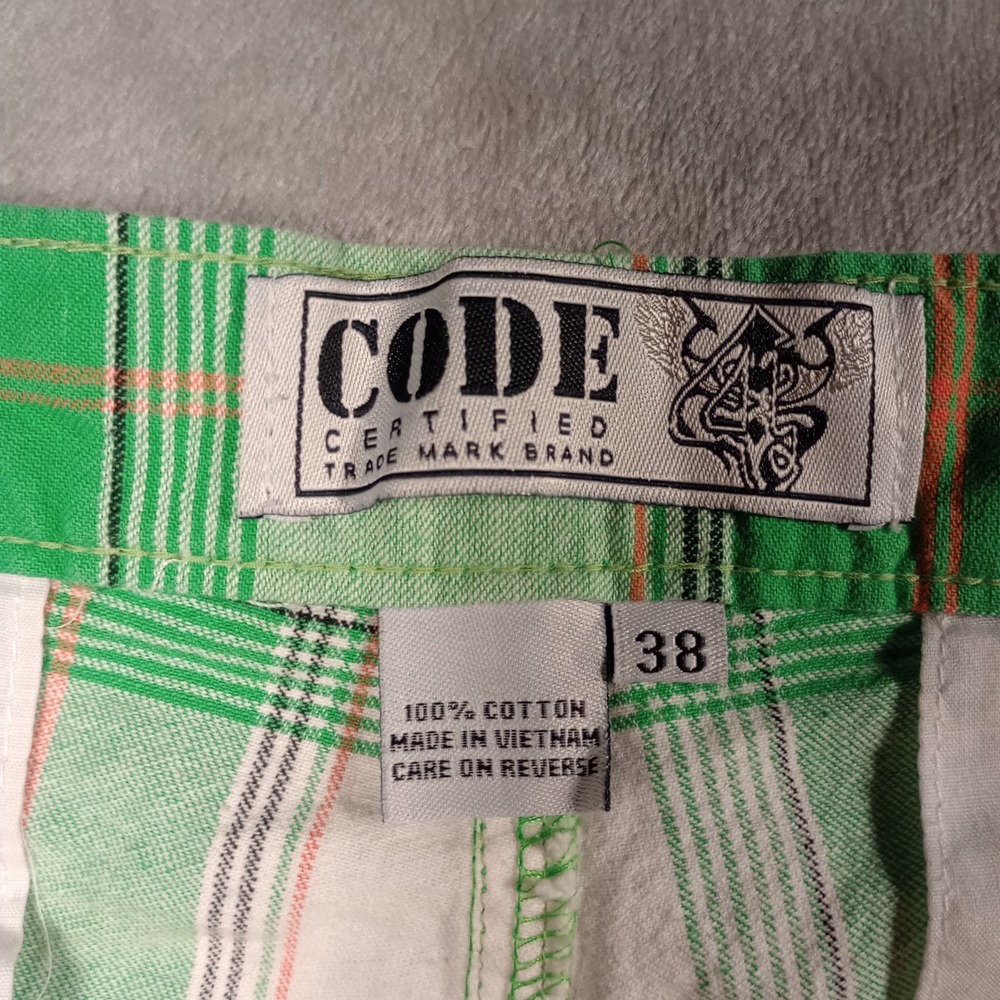 Code Plaid Shorts Mens 38 Green Madras Flat Front Cotton Summer Golf Skater - Picture 4 of 10